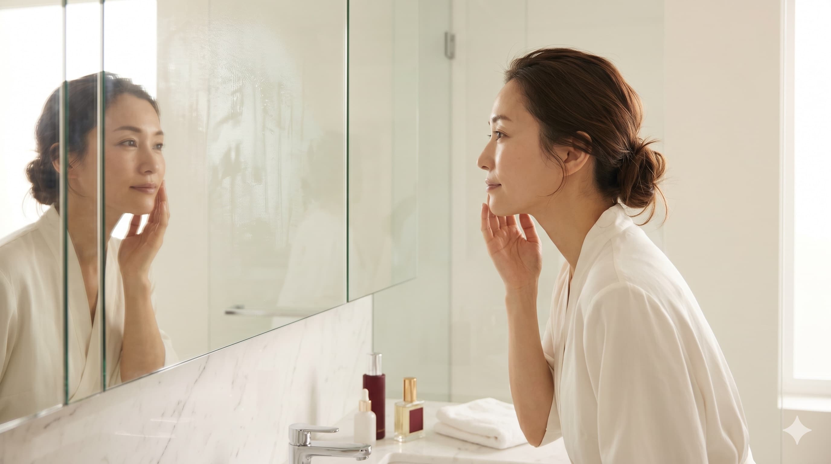 バスルームで肌を確認する女性
